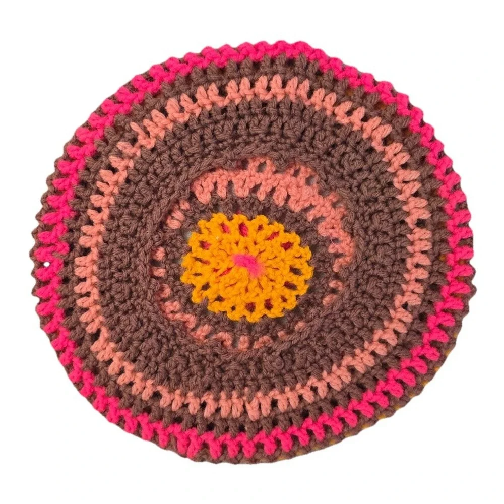 Vtg Crochet Beret Hat Women's OS Pink Brown Yellow Handmade Pom Hand Knit NEW‎